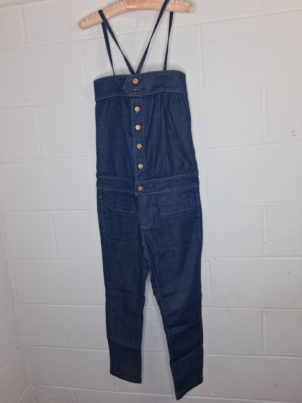 silence + noise Dark Blue Denim Button-Front Strap Jumpsuit